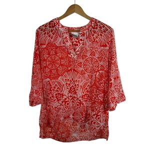 Finley Womens Carley Popover Top Sz Small‎ Orange Floral Cotton Tropical Beachy